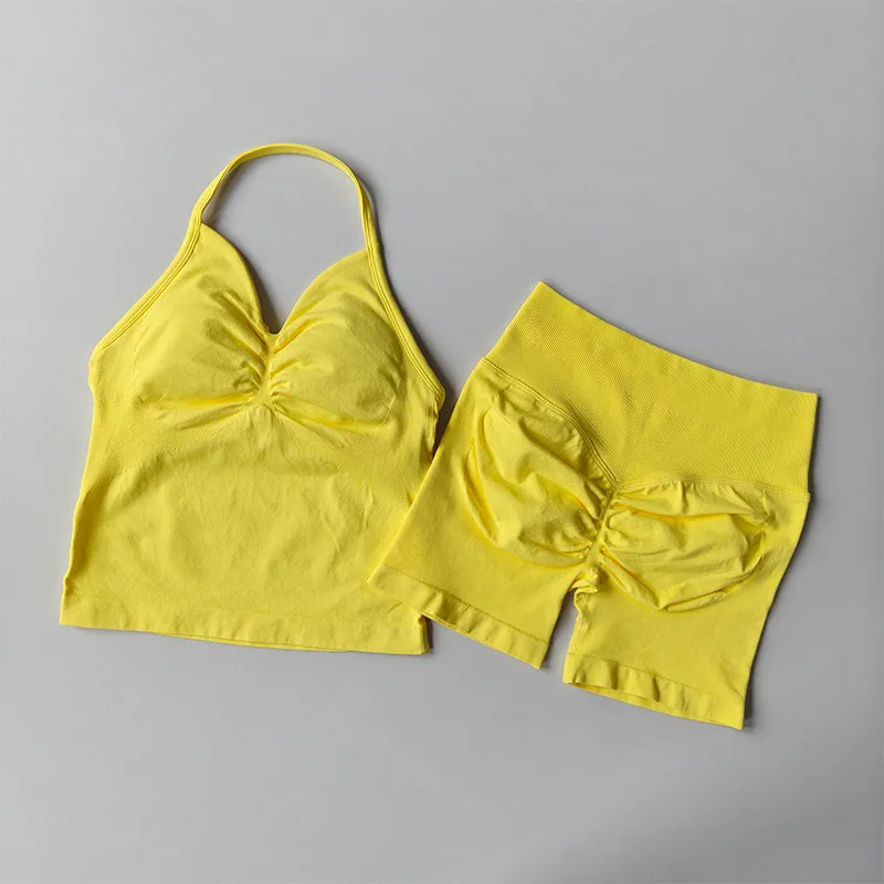 Nahtloses Fitness-Zweiteiler-Set für Damen, hochelastischer gestrickter Sport-BH und Yoga-Shorts-Set, schönes Rückendesign, Po-Lifting-Weste – Detail 9