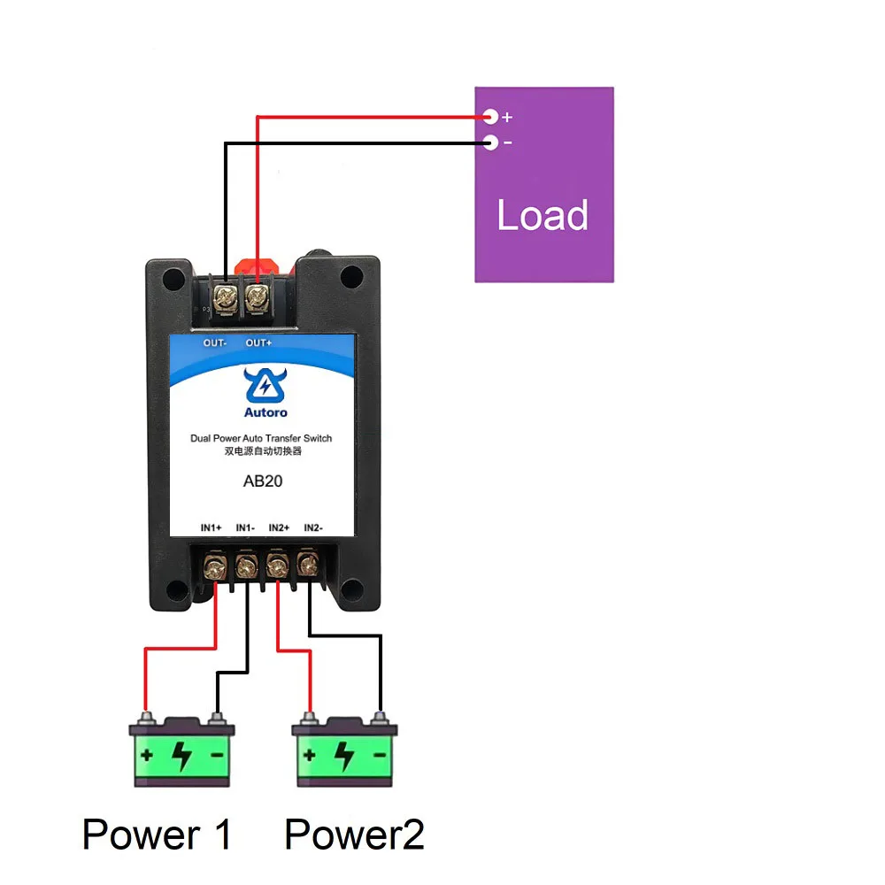 Autoro AB20B Dual Power Auto Transfer Switch ATS DC5-30V Max 20A/Channel for Backup Power Systems