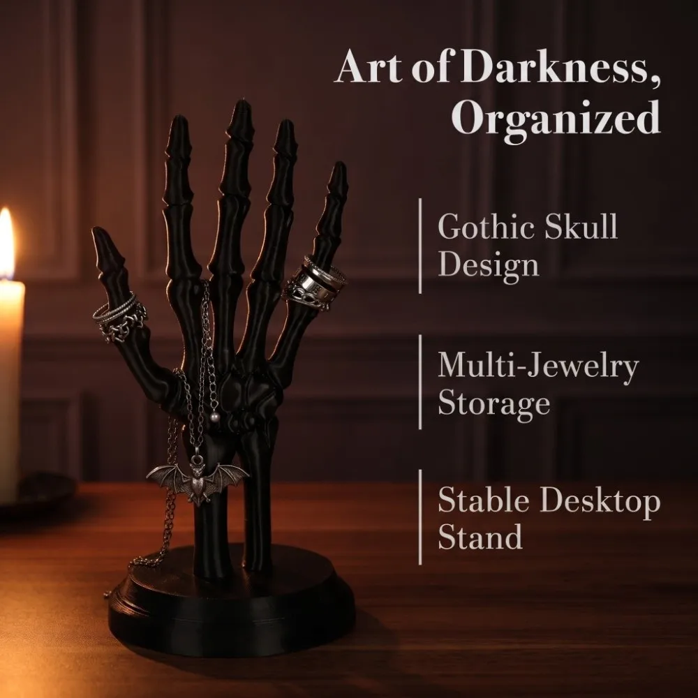 Dark Gothic Style Skull Hand Jewelry Stand Desktop Ornaments with Base Retro Dressing Table Storage Rack Artistic