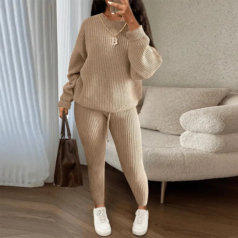 Knitted Sweater Two Piece Set For Women Autumn Winter Long Sleeve O Neck Sweater + Skinny Pants Sets Casual Knit Outfit Homewear