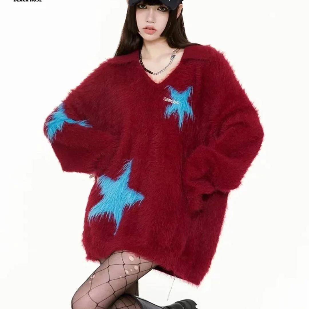 

Yabiby Soft Faux Fur Oversize Sweater Autumn Winter Y2K Lazy Sle Star Print Sweet And Spicy Top Women's Faion Clothing