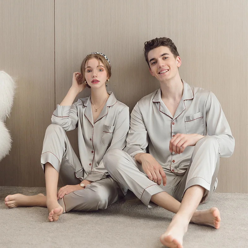 Ice Silk Couple Pajamas Men Women Summer Long Short Sleeve Cardigan Lapel Suit Thin SatinPlus Size Home Cloth Nightwear Male