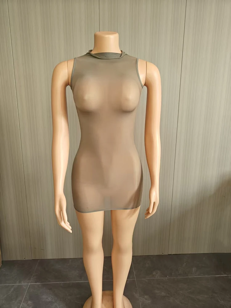Sexy Mesh Durchsichtiges Kleid Damen Hottie Mode Ärmellos Dehnbar Figurbetont Coquette Mitternachts-Street-Party Club Bodycon Kleider – Detail 11