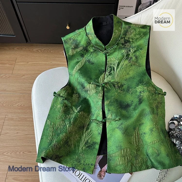 

Новый китайский жаккардовый зеленый жилет с уксусной кислотой, женский весенне-осенний новый жилет с вышивкой и пряжкой для тяжелой промышленности, костюм Тан