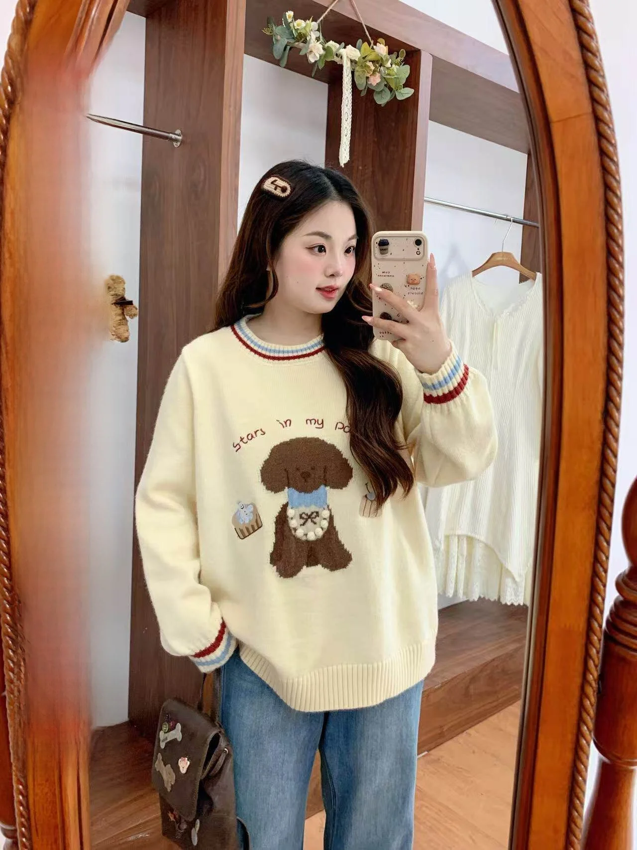

Loose Knitted Sweater Women's Sweet Style Embroidered Big Size round Neck Color Block New Arrival Spring Thick Long Sleeve