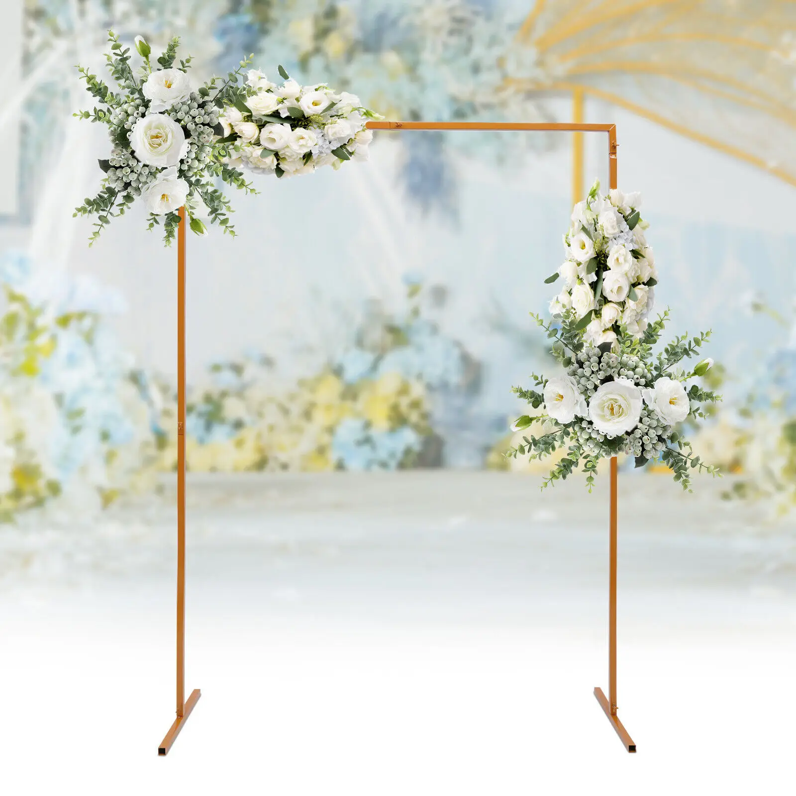 2x1.5m Wedding Arch Garden Party Backdrop Decor Frame Flower Balloon Gold Rectangular Rack Metal Wedding Backdrop Stand 6.6x4.9