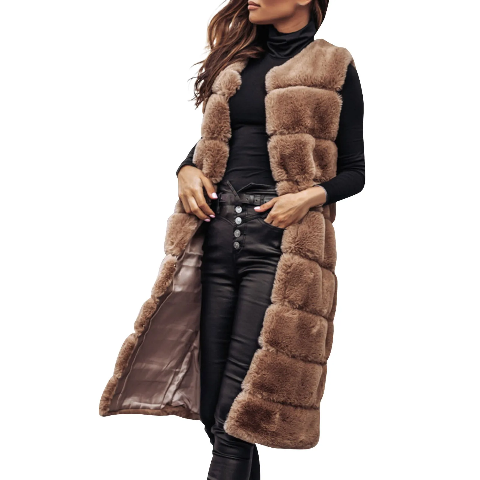 

Luxury Women Faux Fur Jackets Sleeveless Slim Long Faux Fur Vest Gilet Furry Warm Winter Overcoat Women chamarras para mujeres