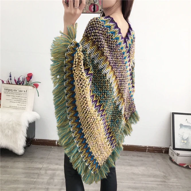 

Pullover Women Knitting Poncho Capes Autumn New Female Fashion Bohemian Poncho Cloak Tassel Winter Clothing National Green