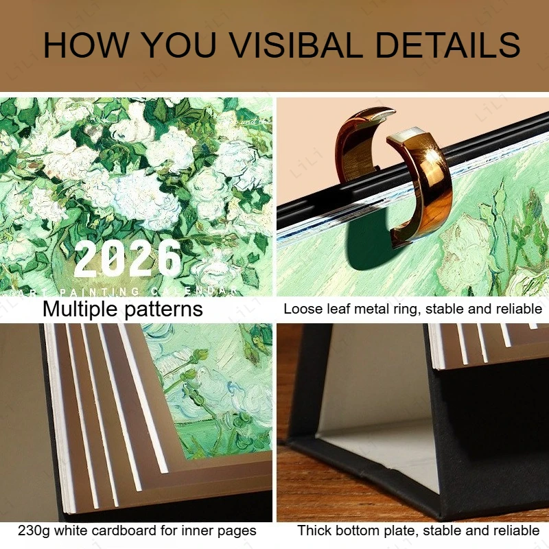 Calendario de pintura al óleo de paisaje 2026, calendario de escritorio de decoración de escritorio de estilo Retro creativo, práctico calendario de escritorio de oficina