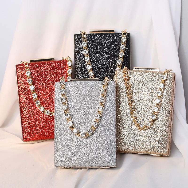 Banquet Bags Popular Evening Bag Shiny Rhinestone Diamond Clutch Bag Evening Bag Chain Bag Classy Square Box Bag for Women