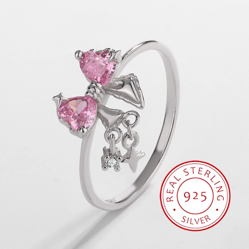 Fashionable and Authentic S925 Silver Pink Bow Creative Ring, Versatile and Elegant Women's Ring for Daily Commuting