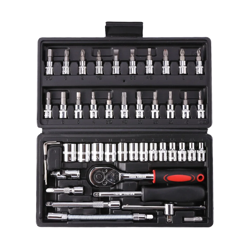 46Pcs Wrench 1/4 Inch Drive Socket Ratchet Wrench Set, With Bit Socket Metric And Extension Bar For Auto Car Repairing Tools