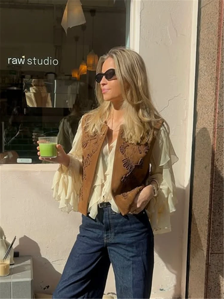 Maillard Style Embroider Vest Woman O-Neck Sleeveless Solid Color Straight Vests Casual Versatile Spring Summer Women's New Top