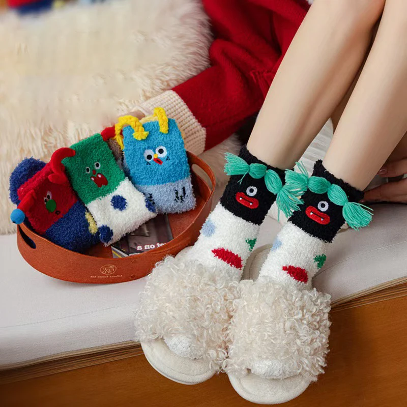 Unisex Fleece Socks Korean 3D Ears Cartoon Kawaii Funny Harajuku Mid Tube Socks Winter Thickened Coral Soft Warm Floor Socks