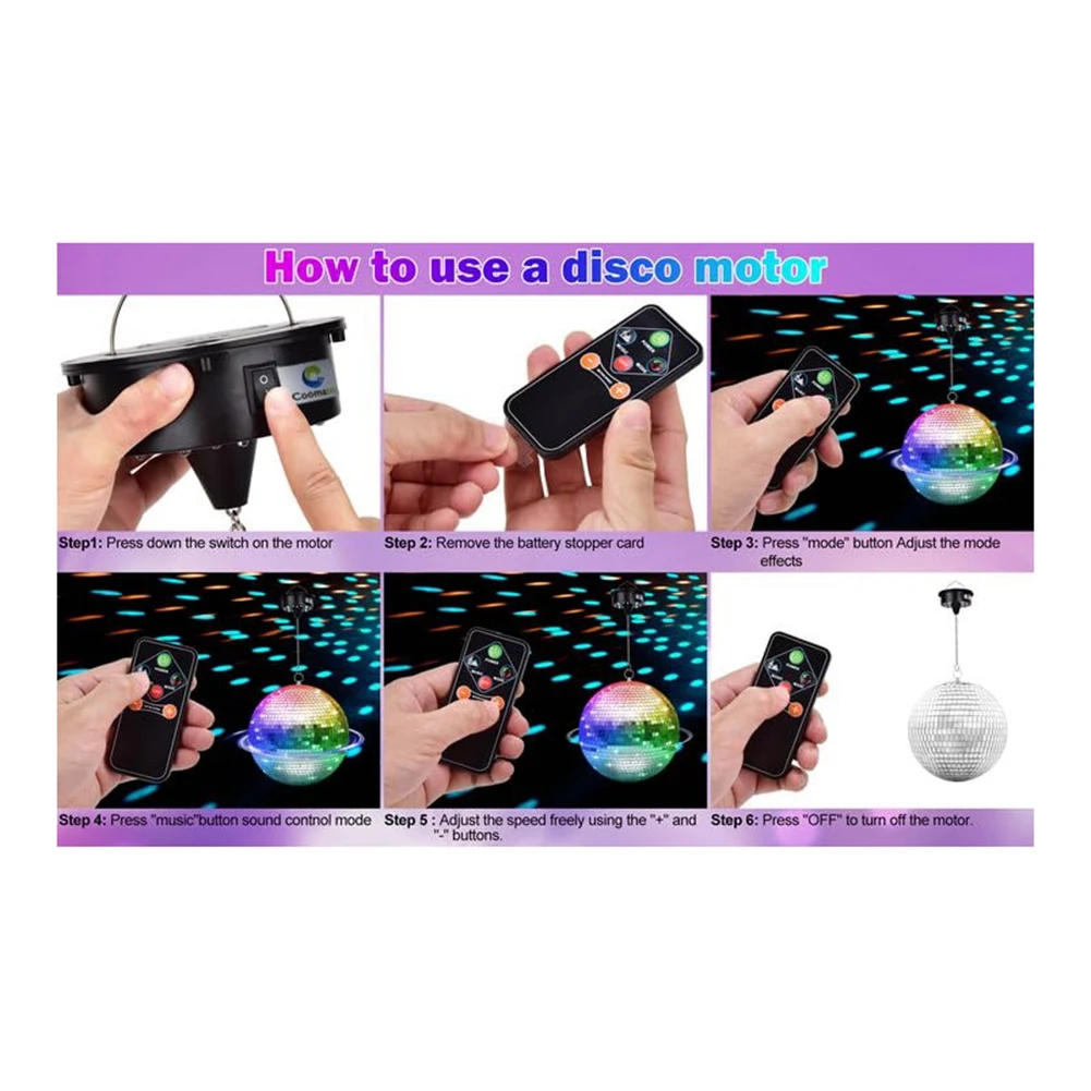 ABZL Luzes giratórias de motor de bola de discoteca com controle remoto, 18 LEDs para rotador de bola de espelho de 12 16 20 24 polegadas (bola não incluída)