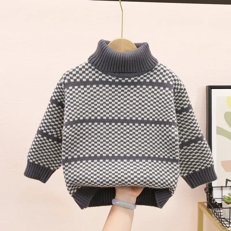 New ChildrenTurtleneck Sweater for Boys Thick and Warm Knitted Cashmere Top Student Warm Base Knit Shirt Kids Fleece-Lined Top