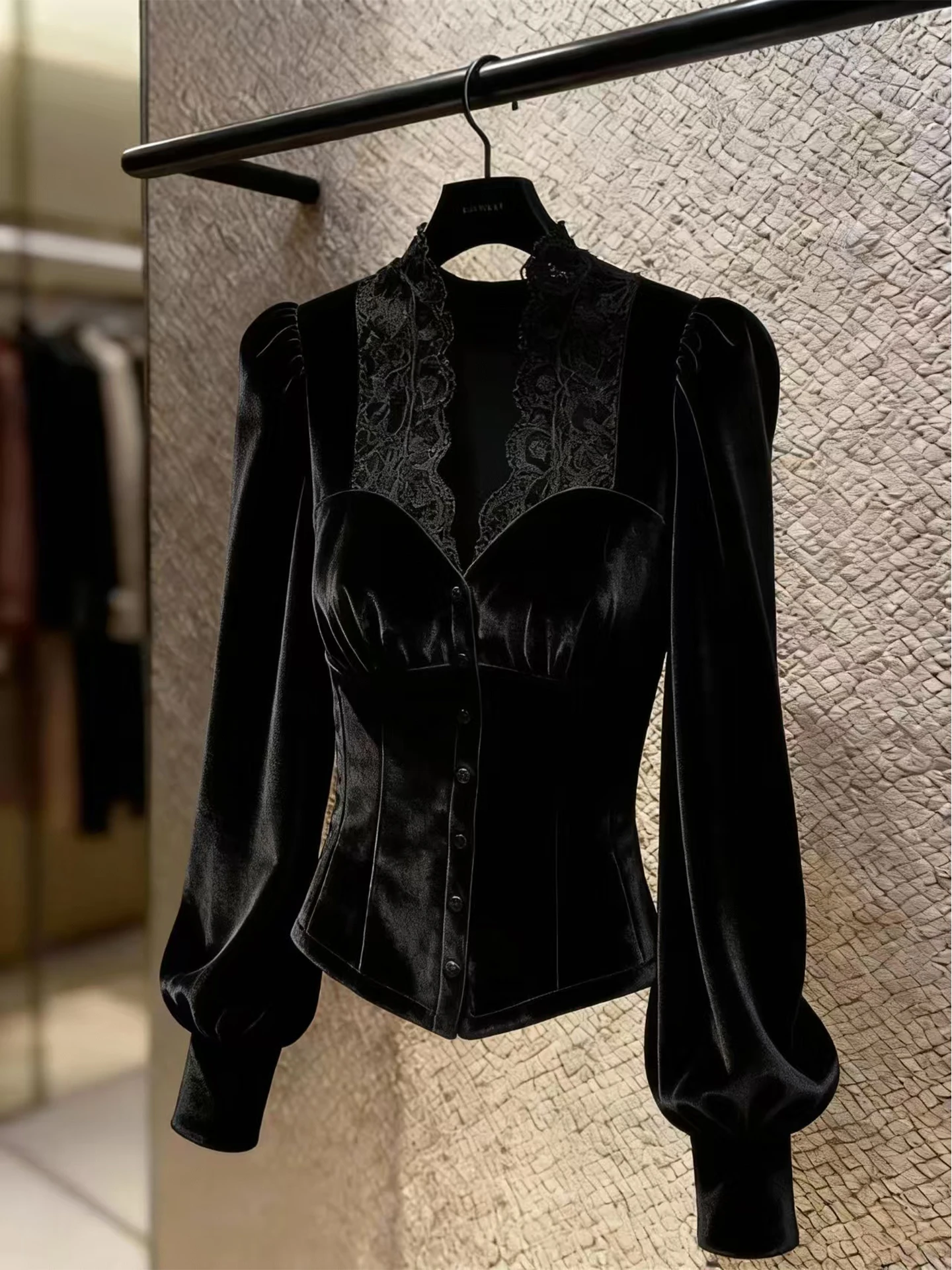 

Ele Bla Lace Splice Bubble Sve irt Women's Autumn Winter Velvet Top Slim Fit French Sle Long Sve Casual Wear