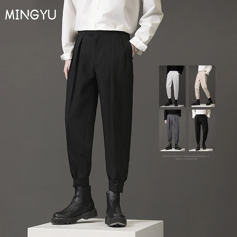 

Classics Elegant British Style Men's Casual Suit Pants Men Elastic Waist Velcro Leg Opening Pant Work Formal Business Trousers