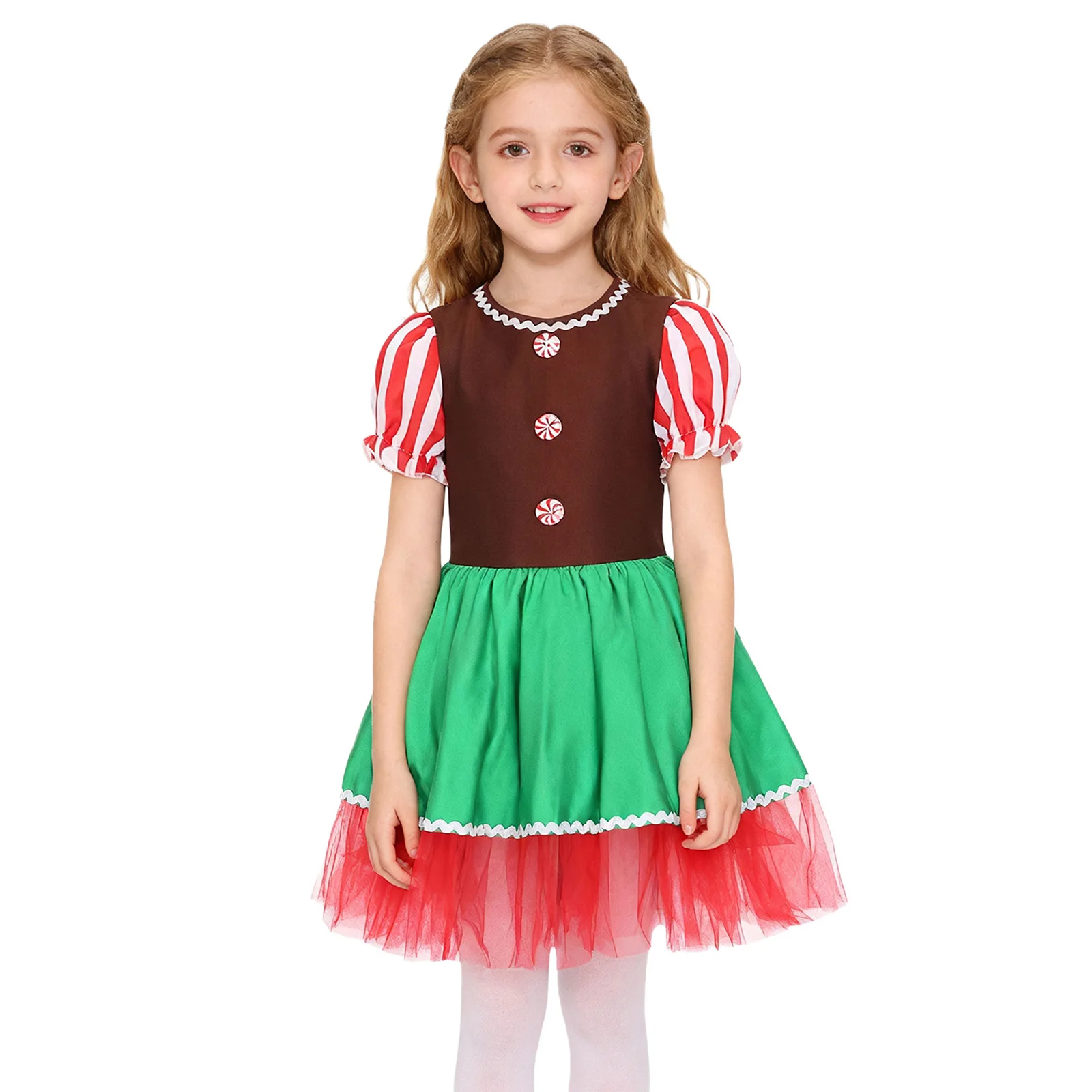 الفتيات عيد الميلاد سانتا كوكي تأثيري الزنجبيل رجل زي نفخة الأكمام قصب الحلوى الباليه توتو فستان التزلج الرقص ثياب