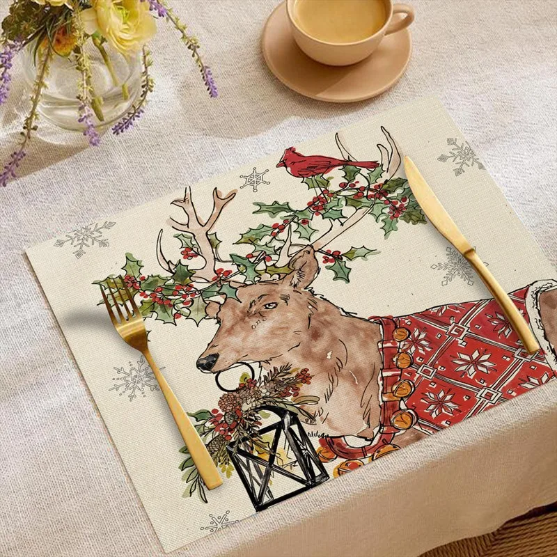 VIKAMA Linen Placemats Deer Cardinal Stockings, Cream Red Green, Stain Resistant Easy to Clean, Dining Table Holiday