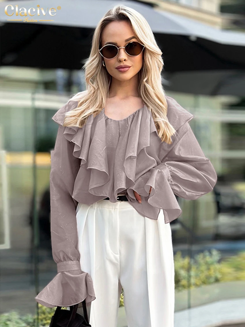 Clacive Fashion Loose Khaki Women's Shirt 2025 Casual V-Neck Long Sleeve Shirts Elegant Classic Ruffles Tops Female Clothing