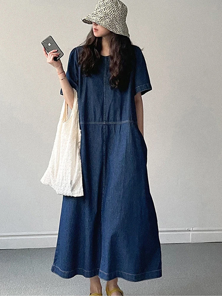 Vestido de Jeans com Decote Redondo e Manga Curta, Estilo Coreano, Vestido de Verão Faionável para Mulheres, Saia Longa em ...