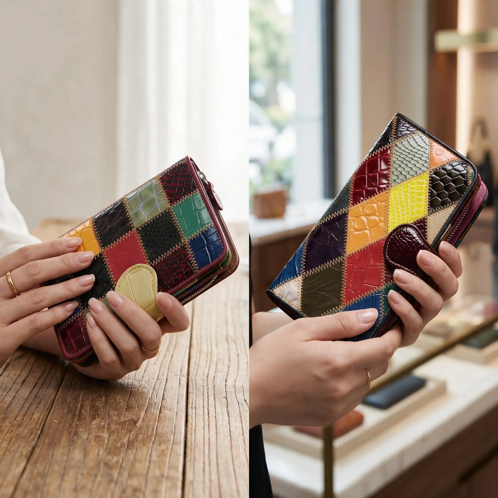Pomelo Best Womens Trifold Patchwork Leather Wallet Random Unique Purse 2 Sizes 16/12 Card Slots Coin Pocket