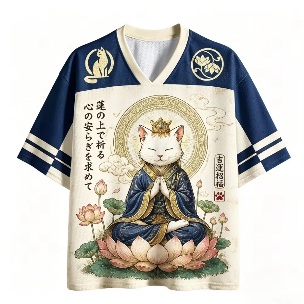 2026 Summer Unisex Japanese-Style Buddha Cat Lotus Print Mesh V-Neck Short-Sleeve Breathable Loose-Fit T-Shirt For Everyday Wear