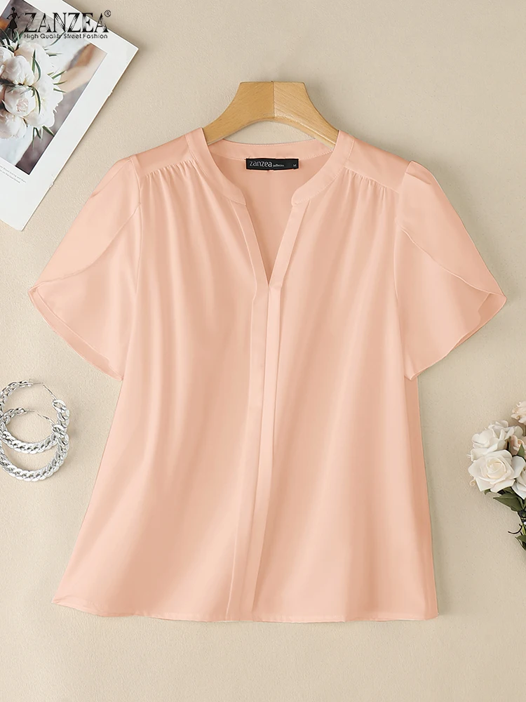 

ZANZEA Women Short Sleeve Blouse Sexy Solid Color Chiffon Shirts 2025 Fashion Summer Tunic Tops V-Neck Pleated Ruffled Blusas