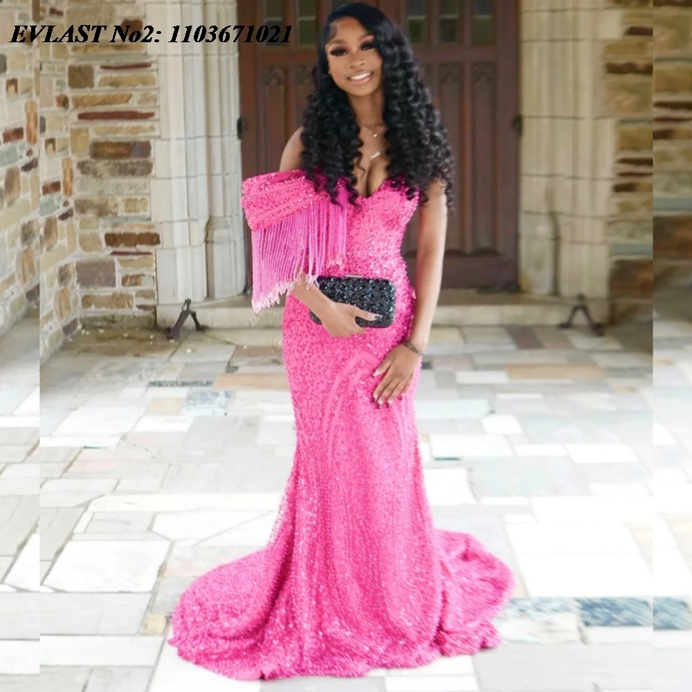 

EVLAST Customized Pink Mermaid Prom Dress African Tassel Crystal Beaded Black Girl Women Party Evening Gown Robe De Soiree SP184