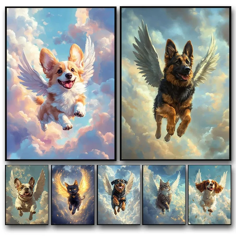 Cute Dogs Cats with Angel Wings Poster Prints Pet French Bulldog Canvas Painting Wall Art Picture for Home Living Room Decor