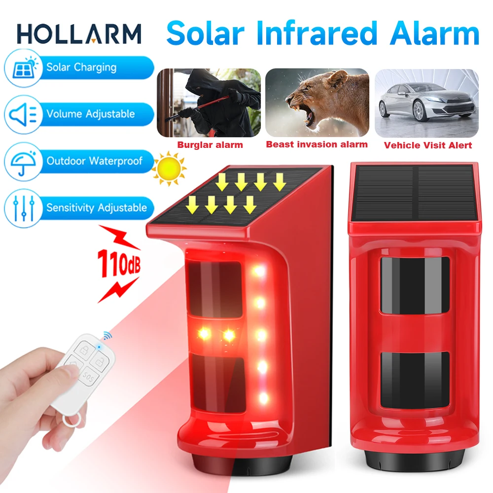 Hollarm Outdoor Solar PIR Infrared Alarm Siren Wireless IP66 Waterproof Burglar Strobe Sensor Home Security Alarm System