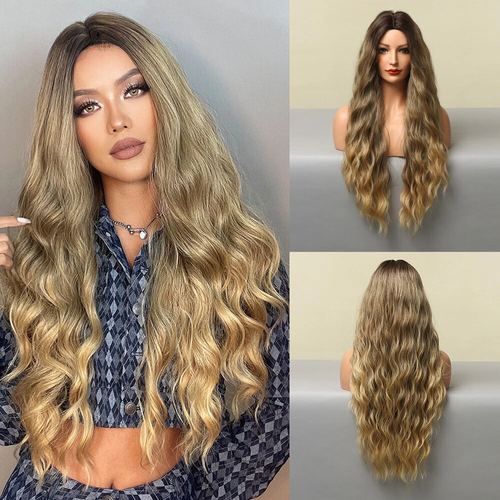 Golden Brown Ombre Synthetic Hair Long Water Wave Wig for Women