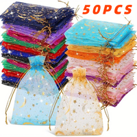 50PCS White Moon Stars Drawstring Organza Bags Jewelry Gift Bags Pouches Gold Star Organza Favor Pouches for Christmas Wedding