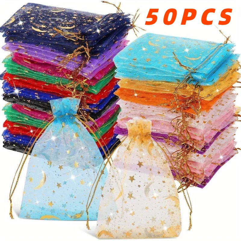 50PCS Moon Stars Drawstring Organza Bags Biżuteria Torby na prezenty Woreczki Złota Gwiazda Organza Favor Woreczki na Boże Narodzenie Ślub