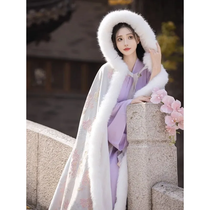 

Новое зимнее пальто с флисом и утолщенной накидкой в стиле ханьфу, длинная шаль в традиционном китайском стиле с капюшоном, модная, удобная, теплая накидка