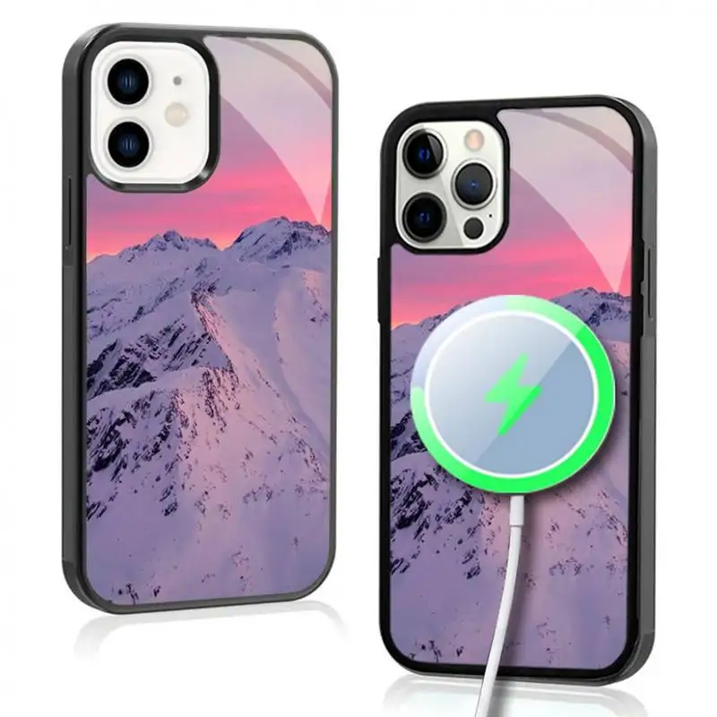 

INS Sunset Snow Mountain Phone Case For IPhone 11 12 13 14 15 Plus Pro Max Mirror Acrylic Cover For Magsafe Wireless Charging