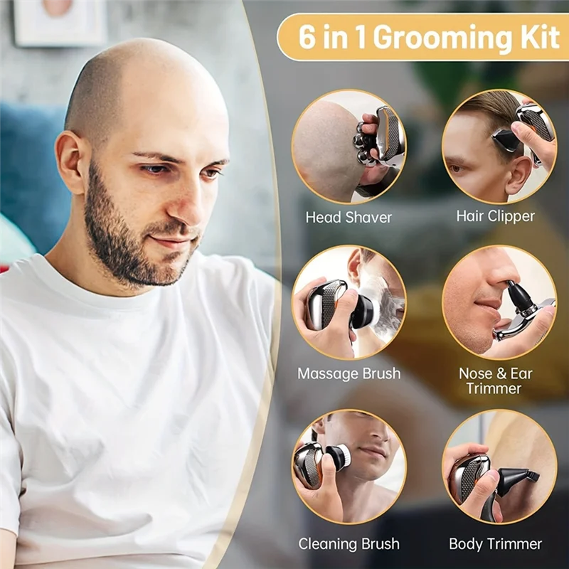 ABUU-6 في 1 ماكينة حلاقة كهربائية للرجال قابلة لإعادة الشحن ماكينة حلاقة للشعر اللاسلكية للرجل الأصلع مقاومة للماء ماكينة تشذيب اللحية الرطبة والجافة