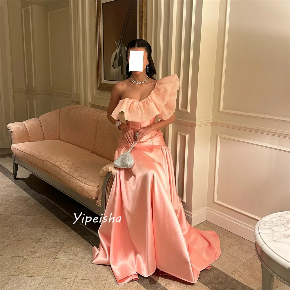 Casual Modern Style One-Shoulder A-line Draped Floor-Length Satin Bespoke Occasion Dresses Evening 