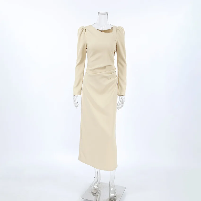 Robe fendue serrée à manches bouffantes pour femmes, jupe longue, col irrégulier, robes de soirée élégantes, style décontracté, automne