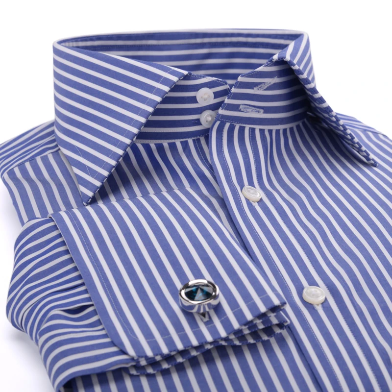 Men's High-Quality Double Button High Neck Shirt - 100% Cotton Blue Stripe Custom French Style Long-Sleeved Design