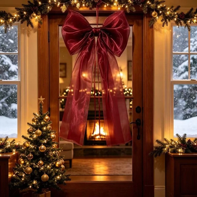 100cm 150cm Giant Burgundy Sheer Organza Bow Set, Artisanal Multi‑Layer Ribbon Bows, Winter Xmas Decorations for Tree Summit, Ya