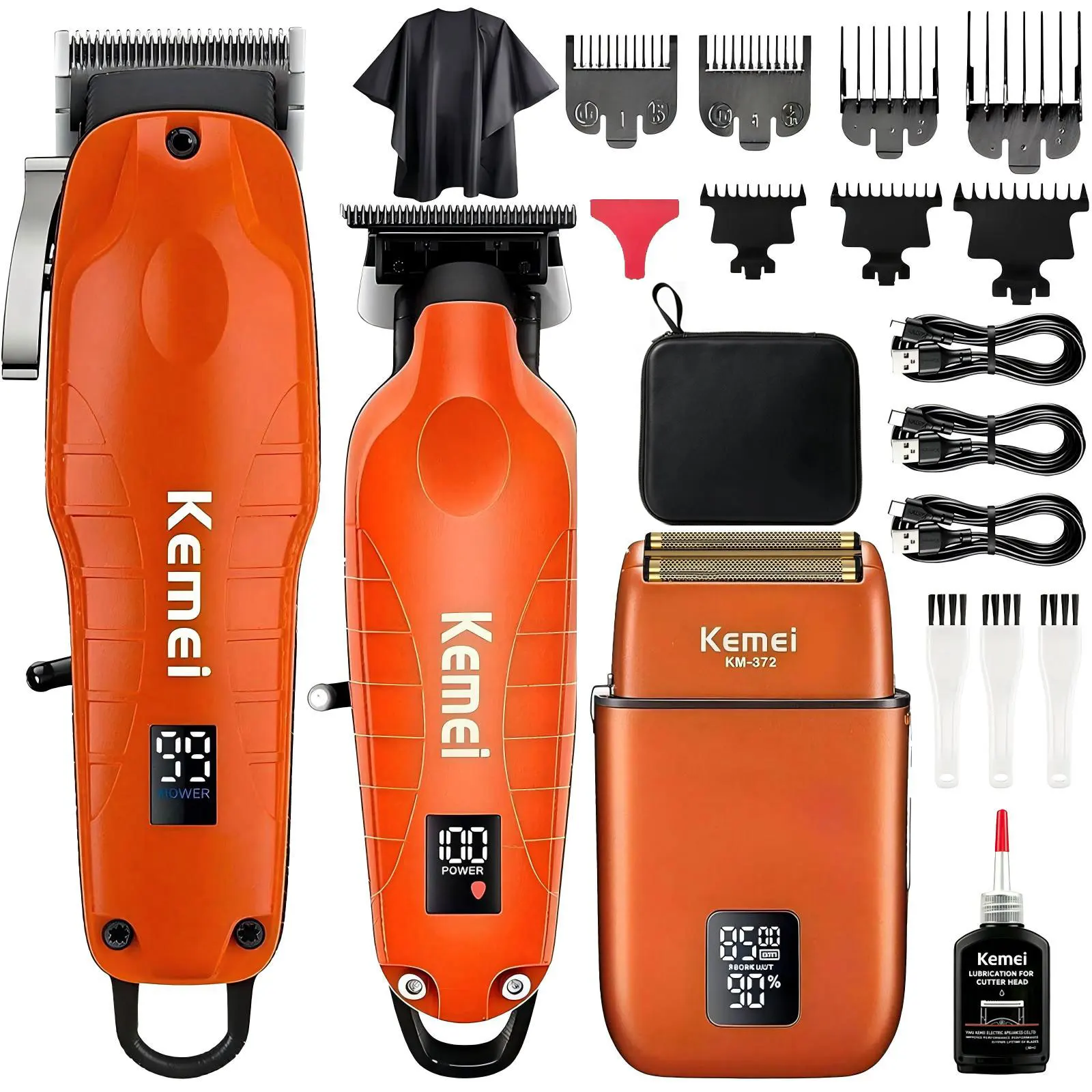 Kemei Orange 3-Piece Haircut Set KM-2355 KM-2993 KM-872 Reciprocating Whitening Razor USB Rechargeable LCD Display Full Salon Haircut Tool Set