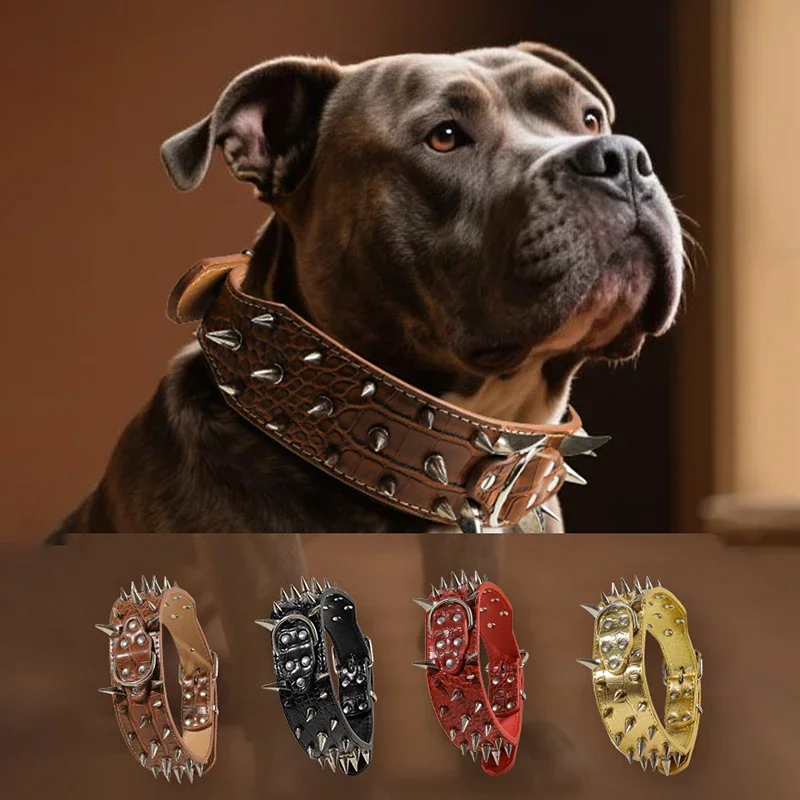Vintage Heavy Duty Spiked Dog Collars Anti-bite Adjustable Comforable Widen PU Leather Pet Necklace Pets Accessories for Dogs