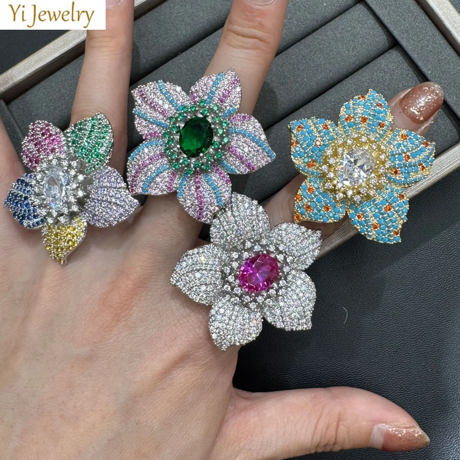 

Luxury Ring for Women Colorful Pink Green Zirconia Flower Opening Ring Female Elegant Sparkly Jewelry Party