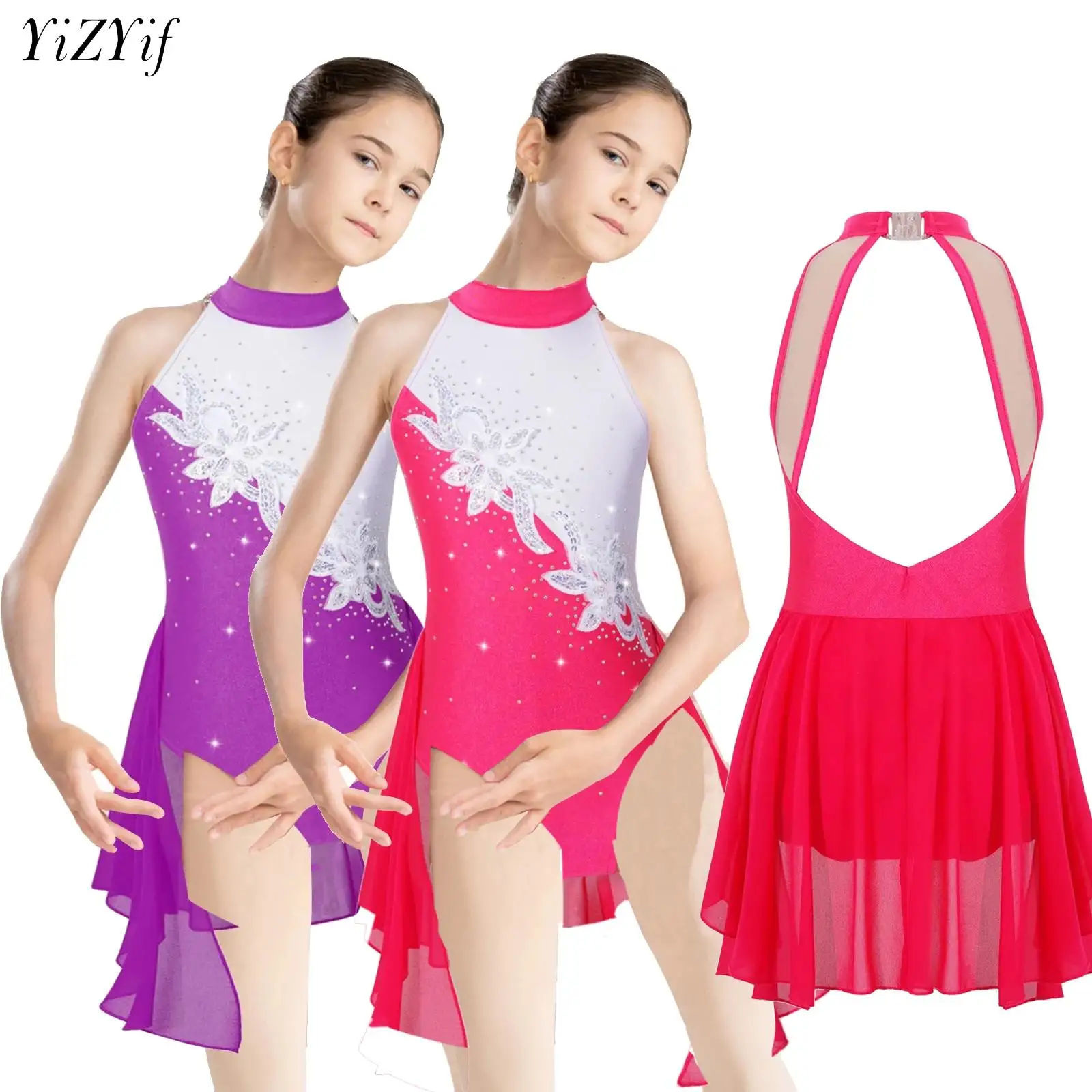 

Kids Girls Shiny Rhinestone Ballet Leotards Jersey Sequin Floral Chiffon Lyrical Dance Dresses Gymnastics Figure Skating Costume