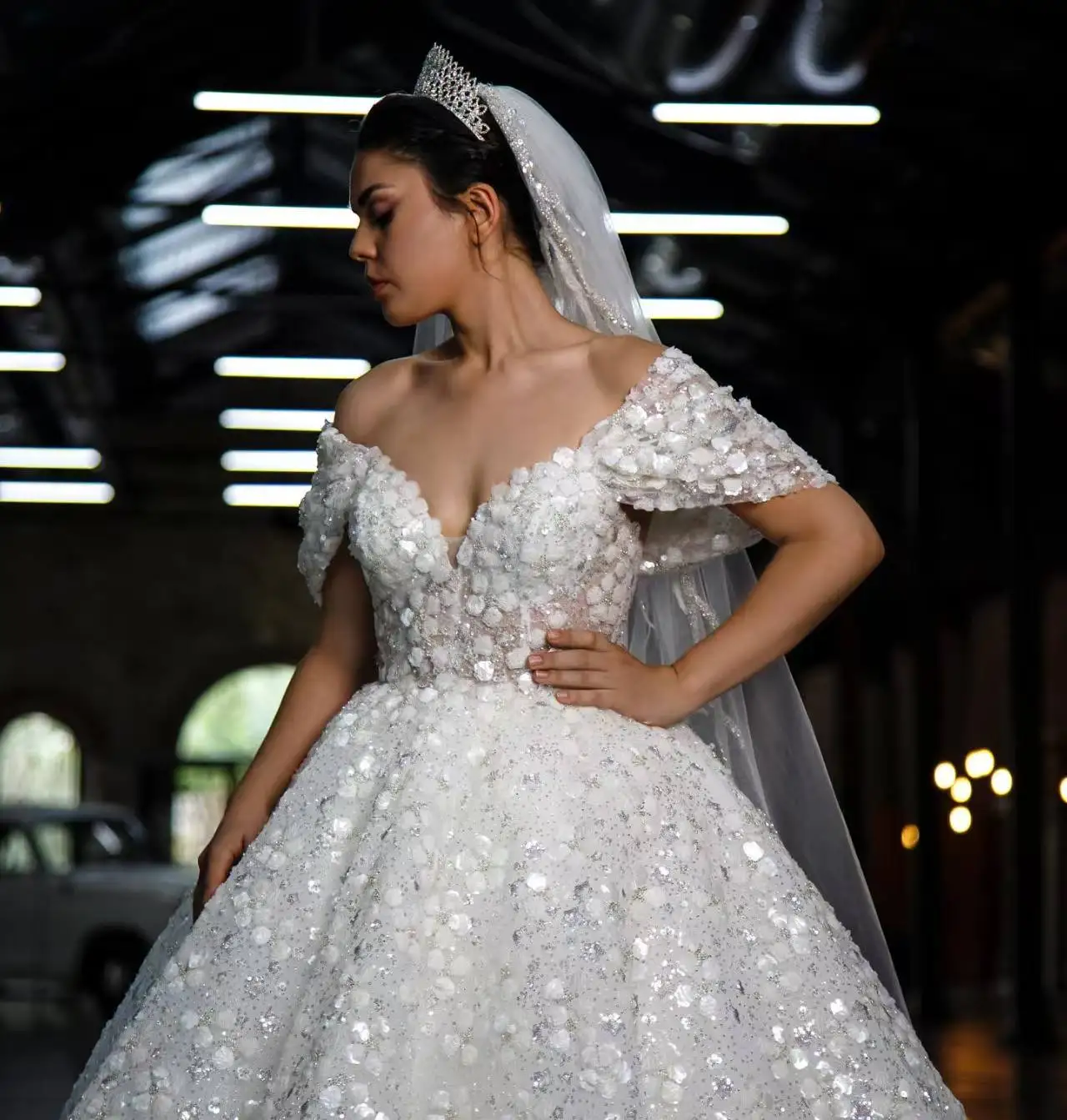 Custom Luxury Gorgeous Lace Wedding Dress 3D Applique V-Neck Ball Gown Princess Bridal Gown Made Romantic Vestido De Novia