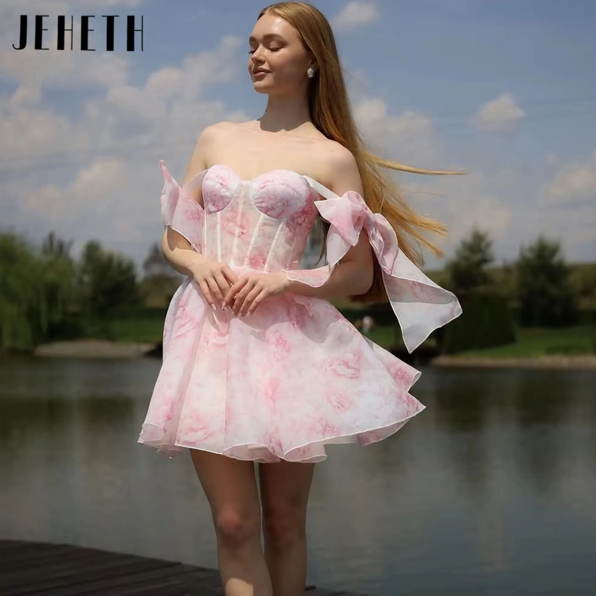 

Pink Floral Print A-line Evening Mini Dress Sleeveless Square Neck Prom Gown Bow Above Knee Customized Birthday Party Dress