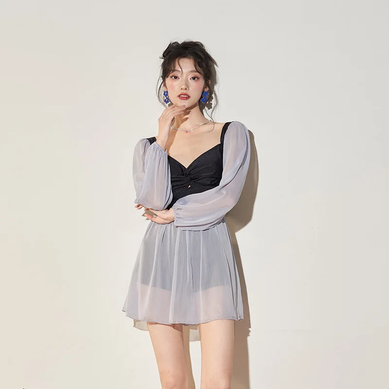 Wisuwore 2023 New Korean Ins Long-sleeved One-piece Swimsuit Conservative Skirt Style Cover Belly Show Small Chest Swimming Suit