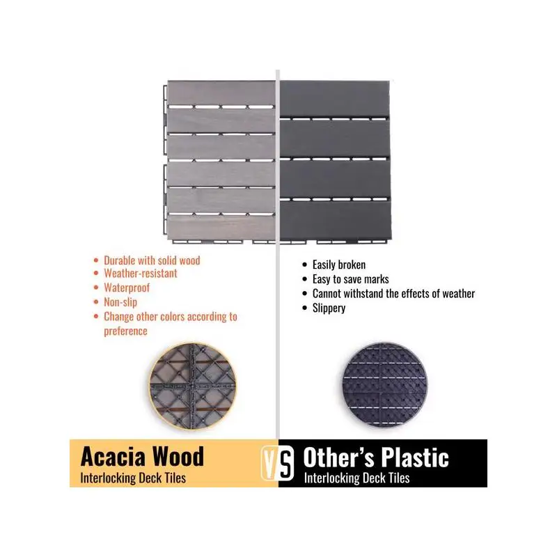 30 Interlocking Deck Tiles, Striped Pattern, 12x12 in Light Gray Acacia Hardwood Outdoor Flooring for Patio, Balcony, Poolside